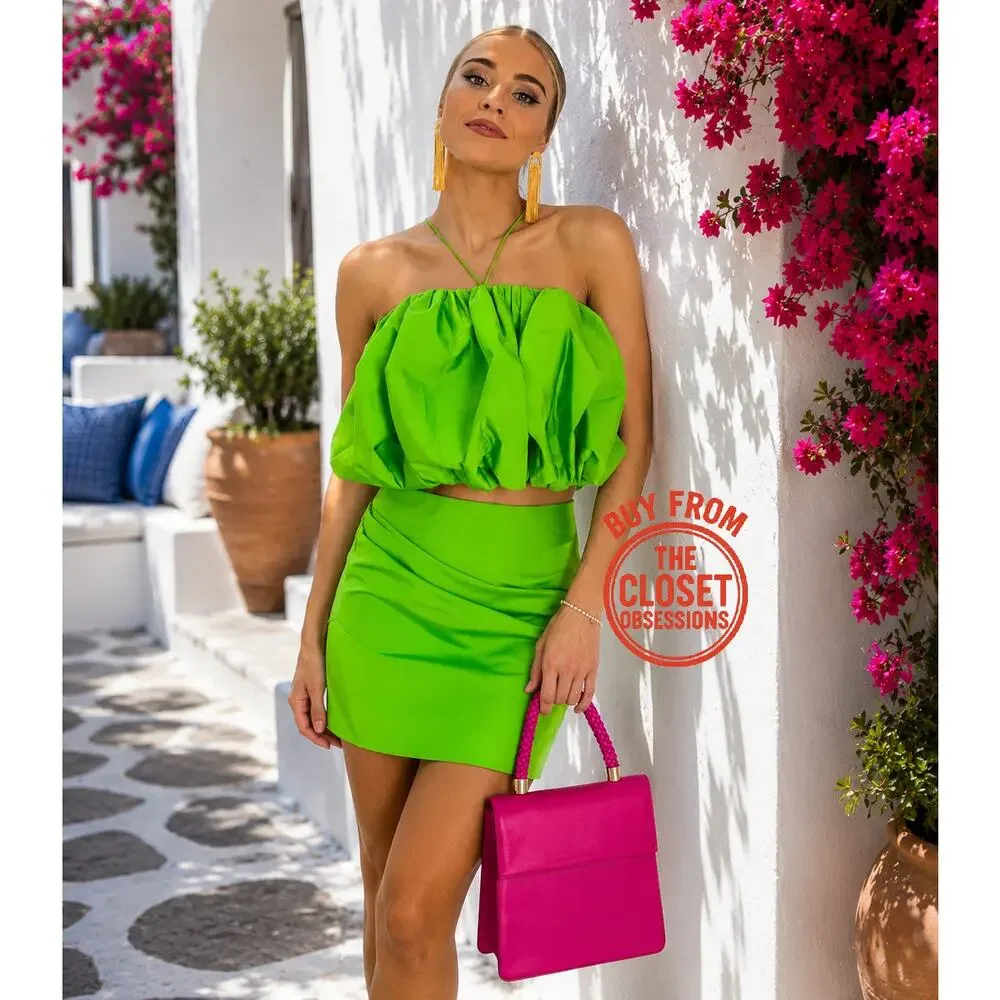 ZARA Green Co Ord Set Balloon Crop Top Mini Skirt Matching Set NWT